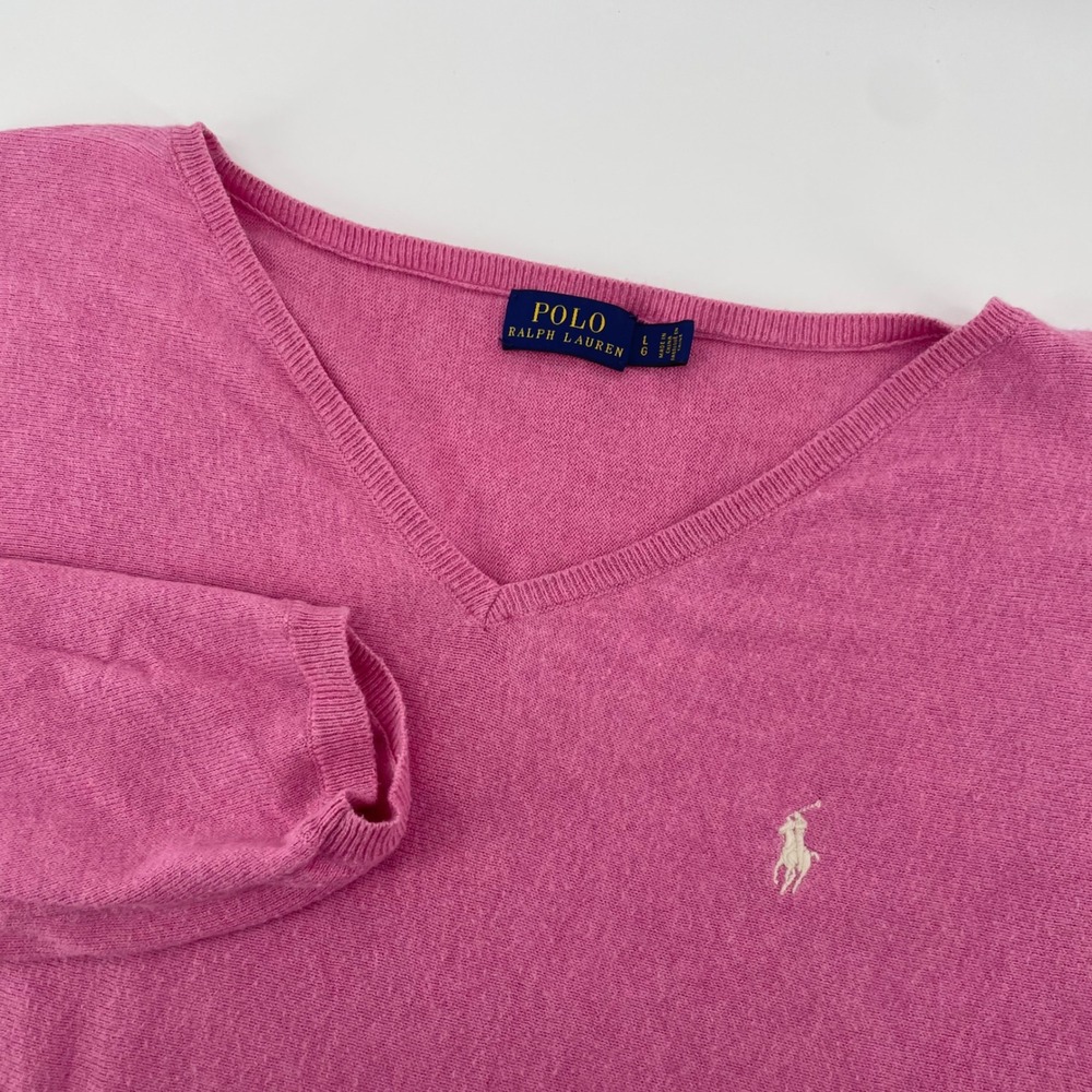 Polo Ralph Lauren Sweater Womens Large Pink V-Neck Cotton Blend Pony Logo Knit